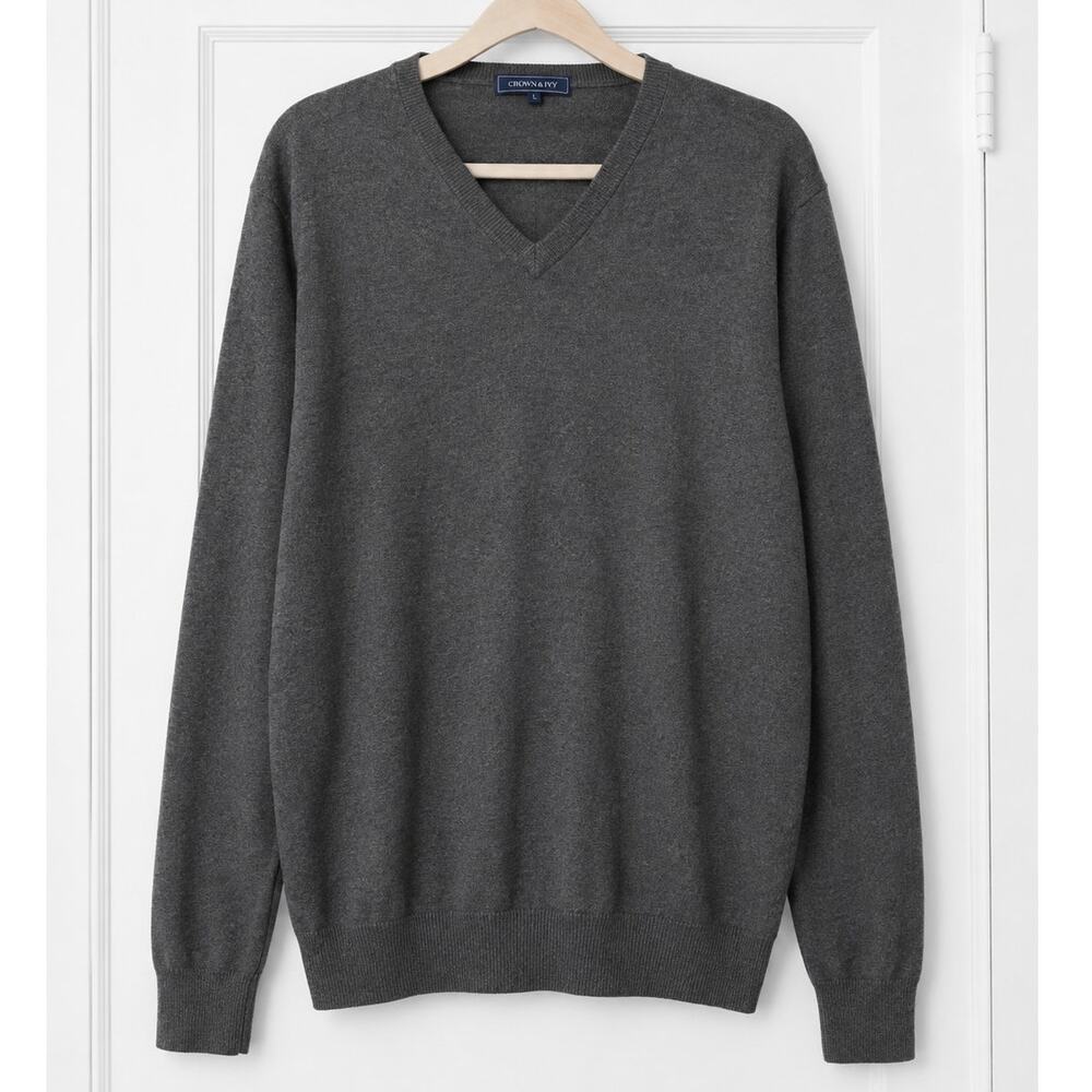 Crown & Ivy Men’s V-Neck Cotton Cashmere Sweater Gray Large New Without Tags